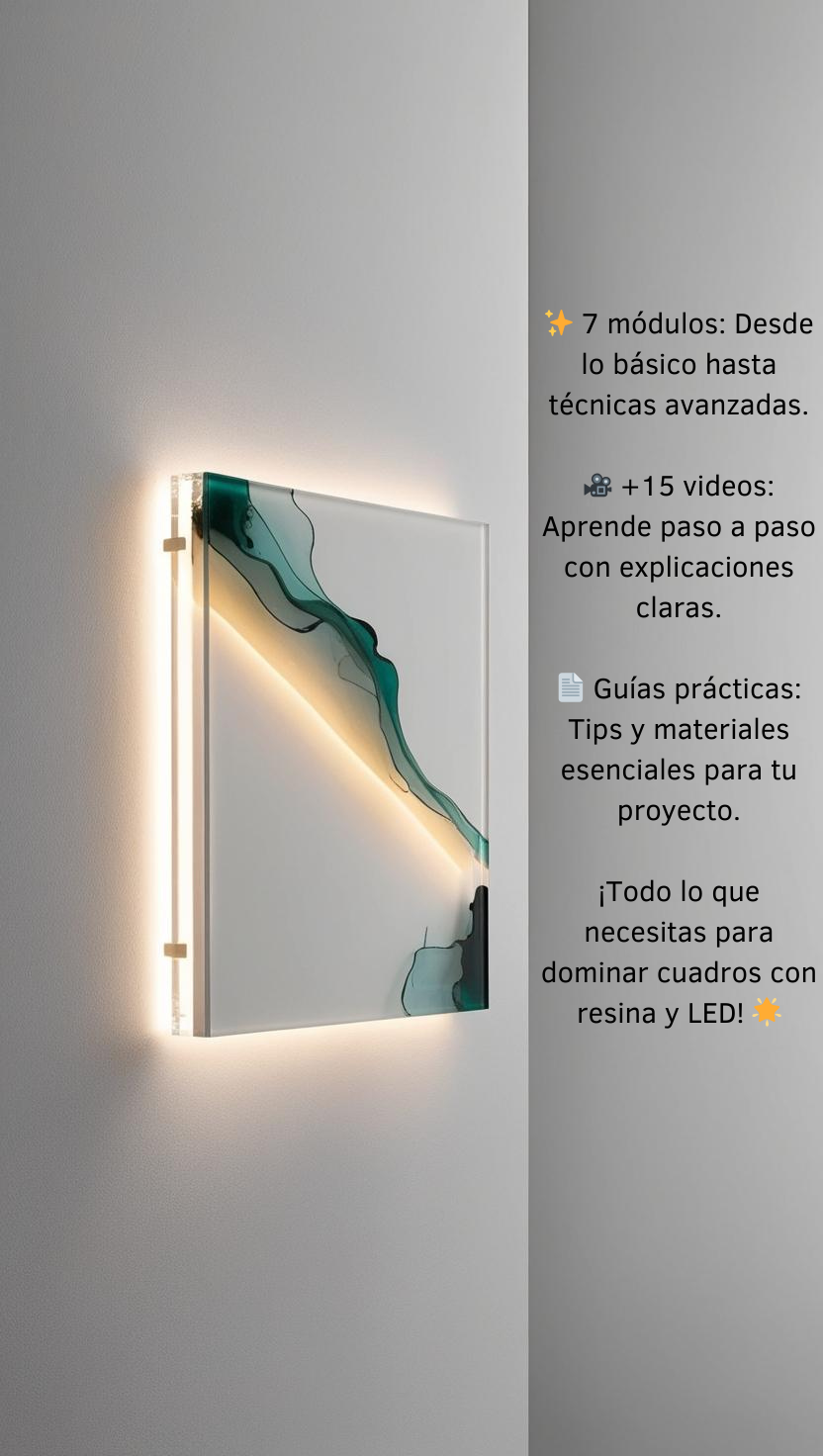 🎨✨ ¡Crea arte que brille con tu estilo único! Aprende a hacer cuadros con resina y LED en nuestro curso completo 🎥🖌️. Más de 15 videos paso a paso, 7 módulos y guías prácticas para que lleves tu creatividad al siguiente nivel. 🌟 ¡Conviértete en el artista que siempre soñaste ser!